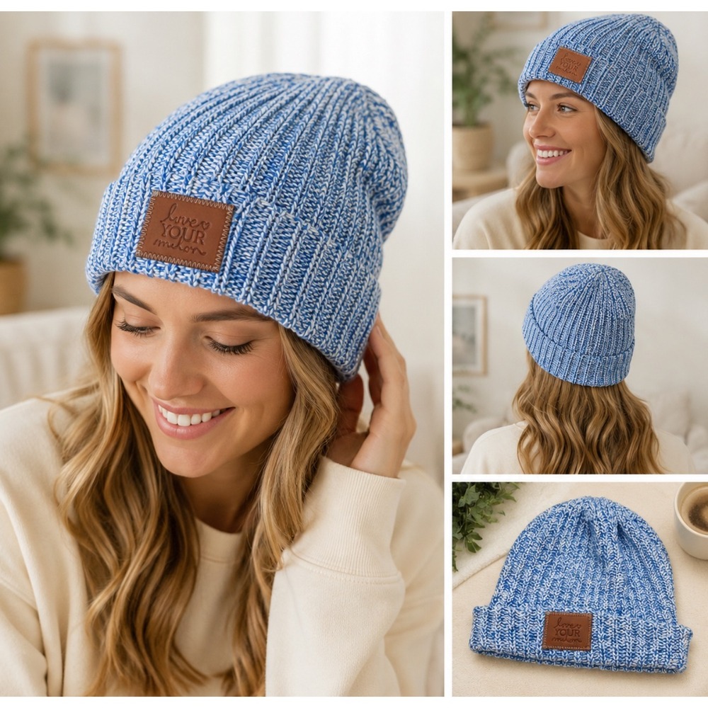 Love Your Melon Blue White Marled Ribbed Knit Cotton Beanie Hat